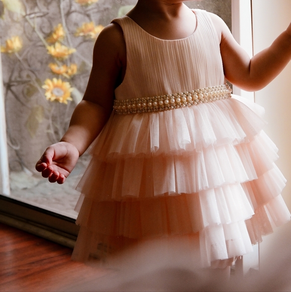 Blush Pink Tiered Dress with Pearl Waistband - Picture 1 of 5